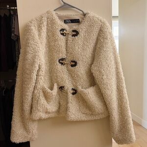 Zara Cream Teddy Toggle Coat with Gold Hardware